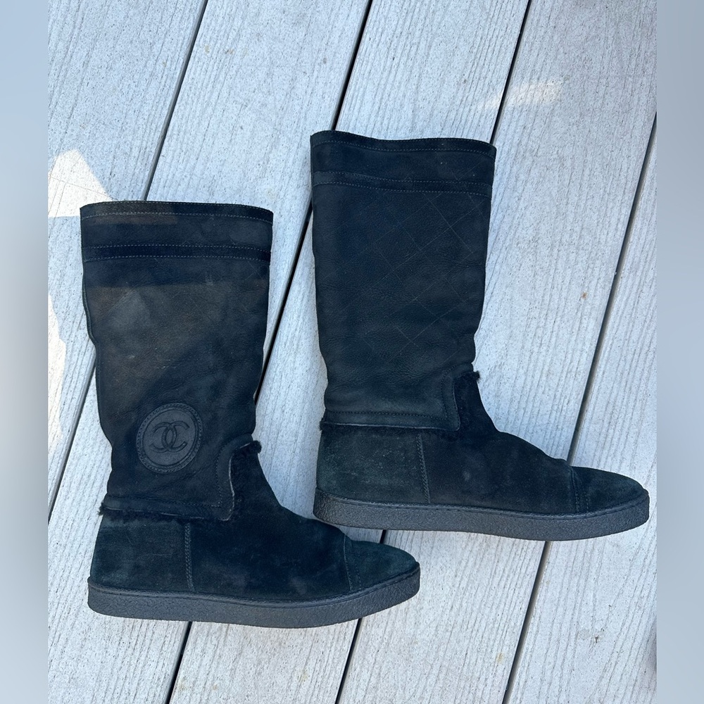 SOLD CHANEL %100 Authentic Black shearling suede boots